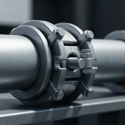 Close-up of a robust modular pipe support connection point, showing strong metal components and secure fastening