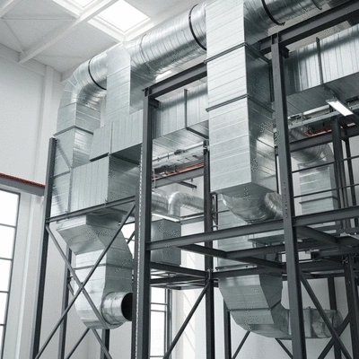 Industrial ventilation ducting with various support types in a factory setting