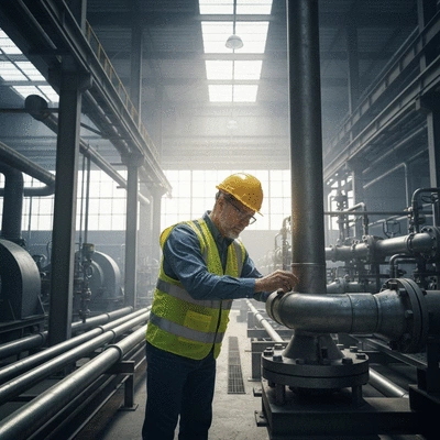 Engineer inspecting industrial pipe support system for compliance with safety standards
