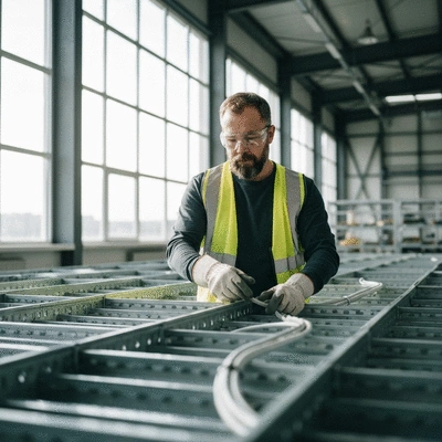 Technician inspecting industrial cable trays in a modern factory setting