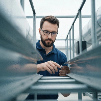 Person inspecting ventilation duct supports in an industrial setting
