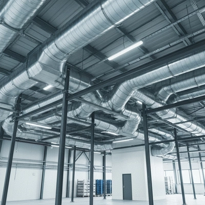 Industrial ventilation ducting supported by durable metal brackets in a modern factory setting, clean image