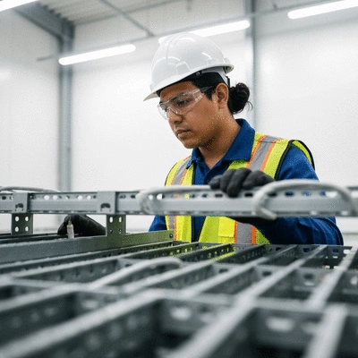 Worker inspecting industrial cable trays, emphasizing safety and efficiency