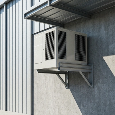 Industrial air conditioning unit mounted on a wall with robust support brackets
