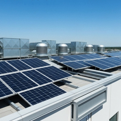 Solar panels on a building rooftop powering ventilation systems