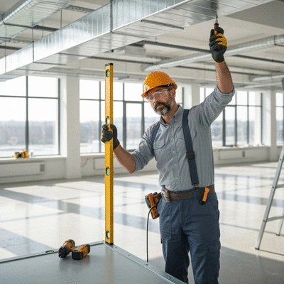 Engineer installing ventilation duct supports with tools