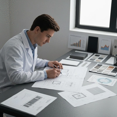 Engineer reviewing blueprints for a ventilation system installation, clean image
