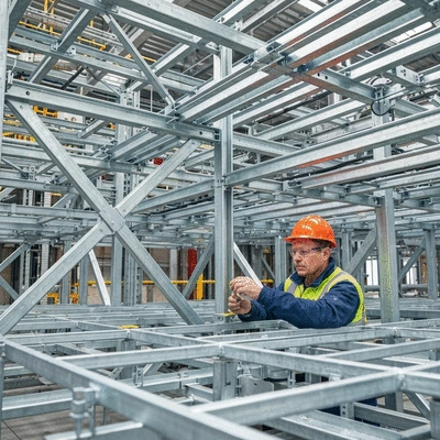 Worker inspecting industrial cable trays and their support structures