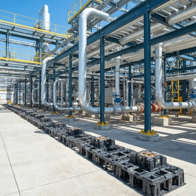 Industrial facility with Bigfoot Supportage system installed, showing elevated pipes and equipment on modular plastic feet