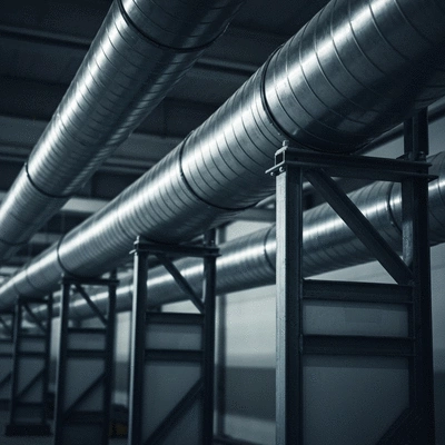 Industrial ventilation ducting supported by robust metal brackets in a factory setting