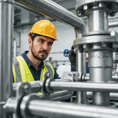 Engineer inspecting industrial piping support brackets