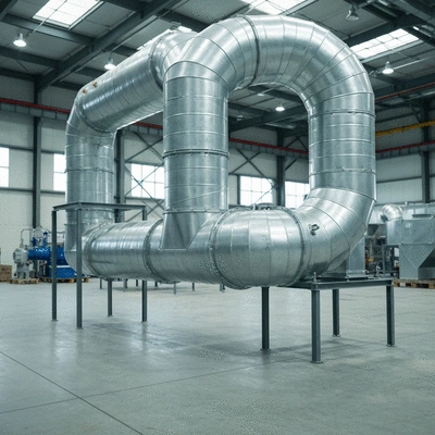 Industrial ventilation ducting system with various fixation points and brackets in a large, clean factory setting