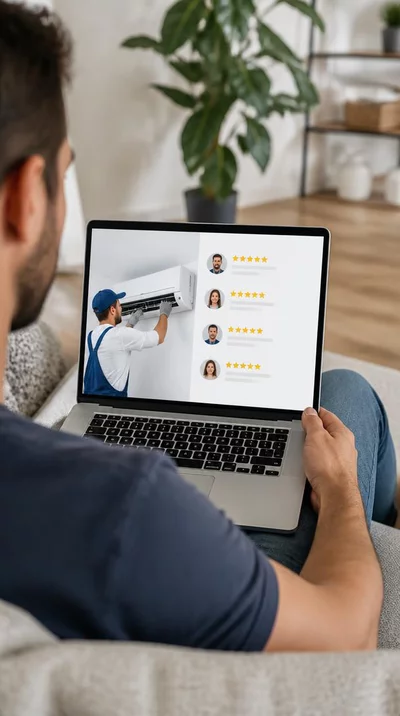 Personne lisant des avis clients sur un ordinateur portable pour le choix d'un installateur de climatisation