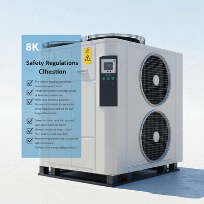 Industrial air conditioner unit with safety regulations checklist overlay, clean image