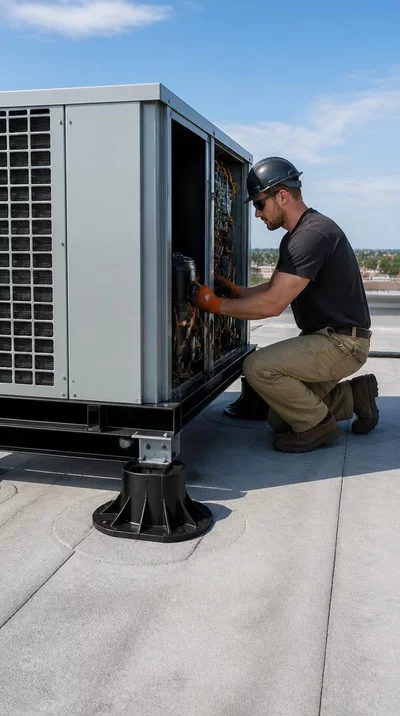 Technician inspecting an HVAC unit on a rooftop, supported by Bigfoot system