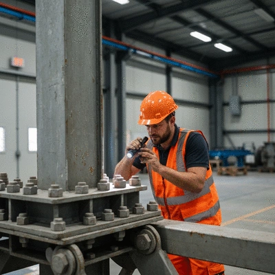 Person inspecting industrial support structure for wear and tear