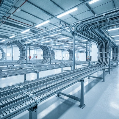 Industrial cable trays supported by various methods in a modern factory setting, clean, no text