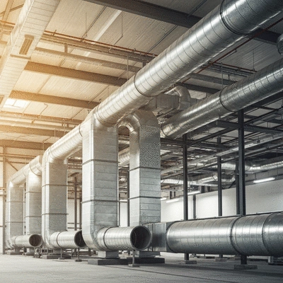 Industrial ventilation ducting system in a modern factory