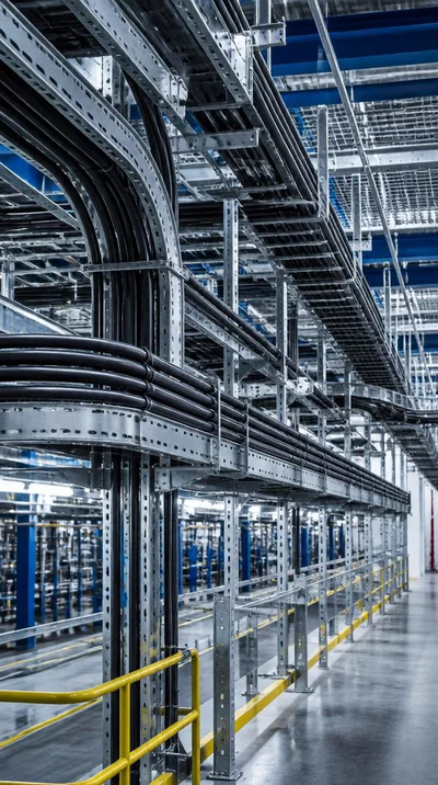 Industrial cable management system with various support structures in a modern factory setting