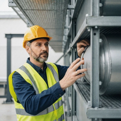 Engineer inspecting industrial ventilation system components