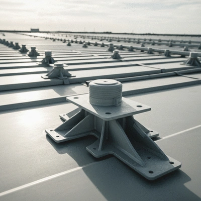 Close-up of modular plastic feet and dalles of Bigfoot Supportage system on an industrial roof, supporting pipes with a clean, modern aesthetic
