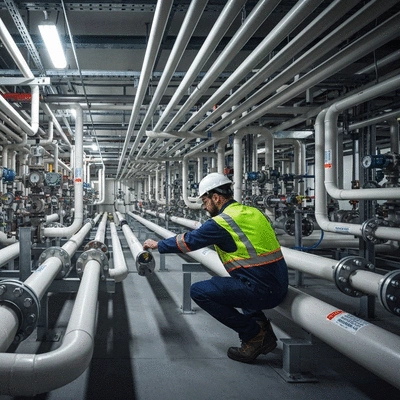 Worker inspecting industrial pipes with color-coded labels, safety equipment, clean industrial environment, no text, no words, no typography, 8K, professional photography