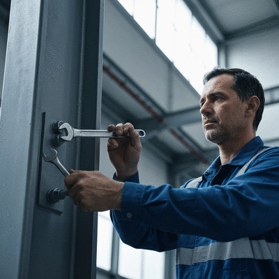 Industrial maintenance worker checking bolts on a support structure