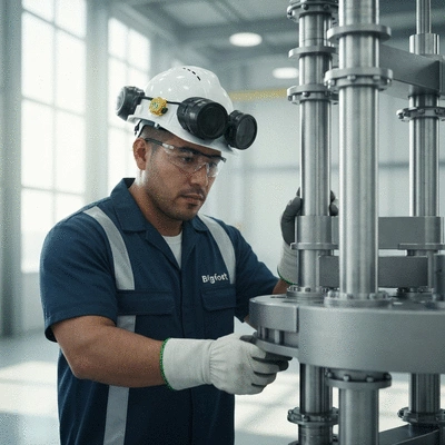 Industrial worker inspecting Bigfoot modular support system in a factory setting