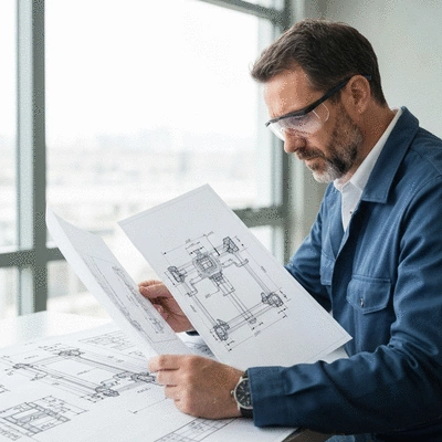 Engineer reviewing blueprints for cable support systems