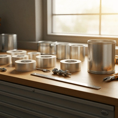 Close-up of various tools for ventilation installation on a workbench