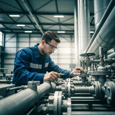 Industrial technician inspecting HVAC support system