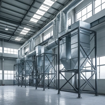 Industrial ventilation ducts supported by robust metal structures