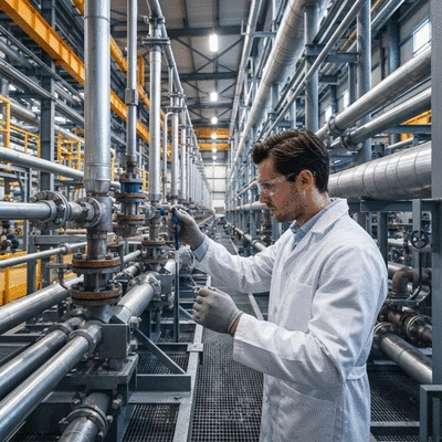 Engineer inspecting complex pipe support system in an industrial setting, no text, no words, no typography, clean image