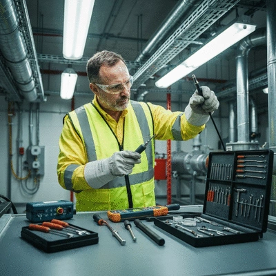 Technician inspecting industrial air conditioning supports with tools