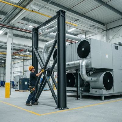 Ouvrier installant un support sismique robuste pour un système de climatisation industriel, avec un équipement de sécurité.