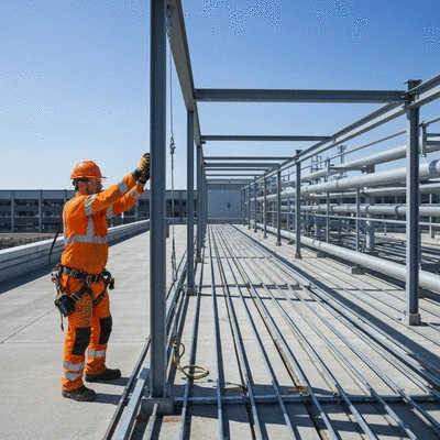 Industrial worker installing Bigfoot Supportage system on a rooftop, clean setting, no text, no words, no typography, 8K