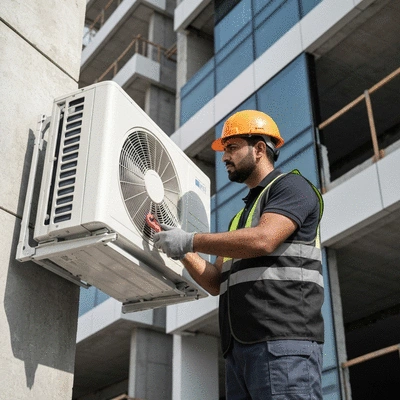 Un professionnel de l'HVAC installant un support de climatisation sur un mur extérieur