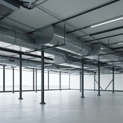 Industrial ventilation ducts supported by robust fixtures in a modern building