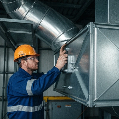 Close-up of a technician inspecting a ventilation duct support system in an industrial setting