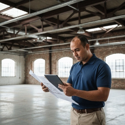 Engineer reviewing blueprints for HVAC system