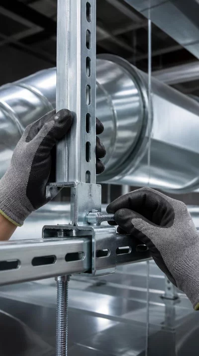 Hands assembling modular support rails in an industrial setting