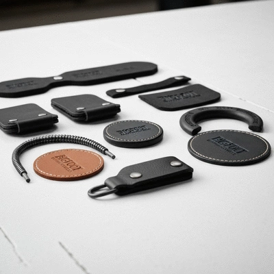 Close-up of various Bigfoot Supportage accessories laid out on a clean industrial surface