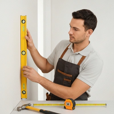 Professional holding a level against a wall, preparing for installation, with tools laid out neatly in the foreground, no text, no words, no typography, clean image