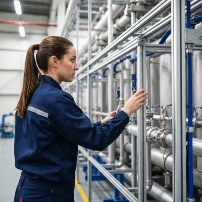 Engineer inspecting modern modular support systems for piping and cabling in an industrial setting, with a focus on efficiency and durability, no text, no words, no typography, 8K