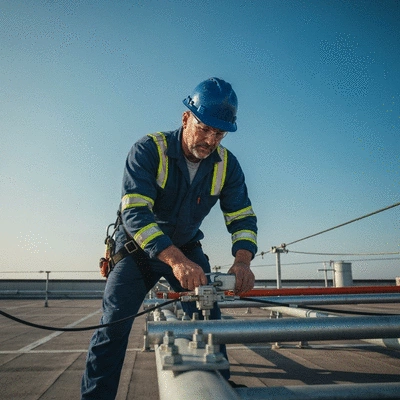 Industrial worker inspecting Bigfoot support system on a rooftop