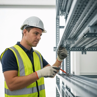 Professional technician checking electrical cable tray installation