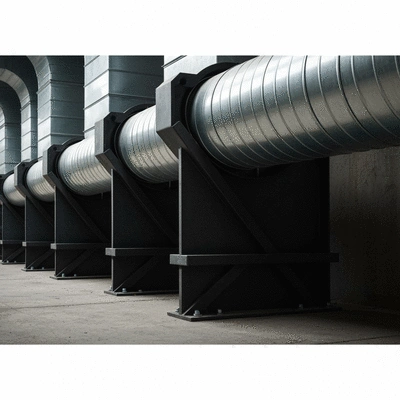 Close-up of universal support consoles securely holding ventilation ducts in an industrial setting, with a focus on their robust design and installation. Professional product photography, clean image, no text, no words, no typography, 8K.