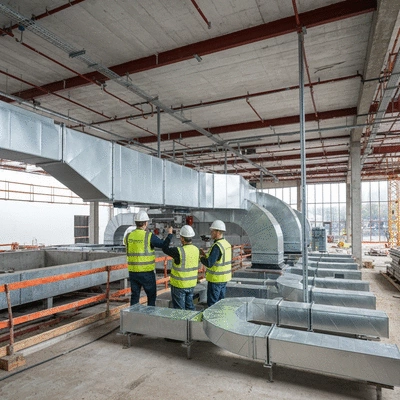 Engineers inspecting universal support consoles installed on a ventilation system within a modern construction site. Professional lifestyle photography, clean image, no text, no words, no typography, 8K, natural lighting.
