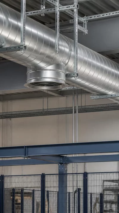 Industrial ventilation ducting supported by rails in a modern factory setting