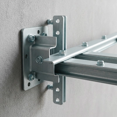 Close-up of a Bigfoot Supportage system installed on a wall, showing its robust design and corrosion-resistant materials, no text, no words, no typography, clean image